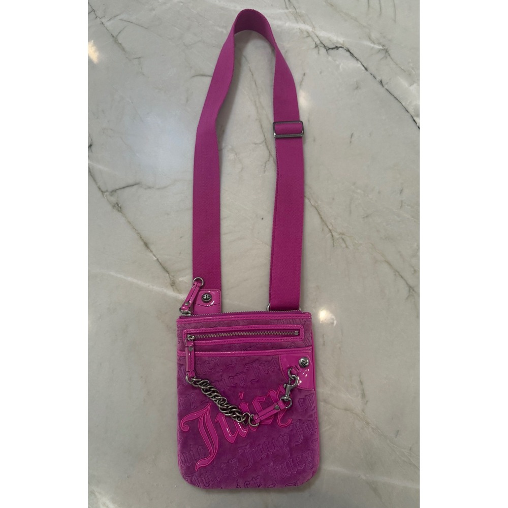 Juicy Couture Pink Velour Embossed Logo Crossbody Bag Y2K Patent Trim Chain #113 - Picture 5 of 15